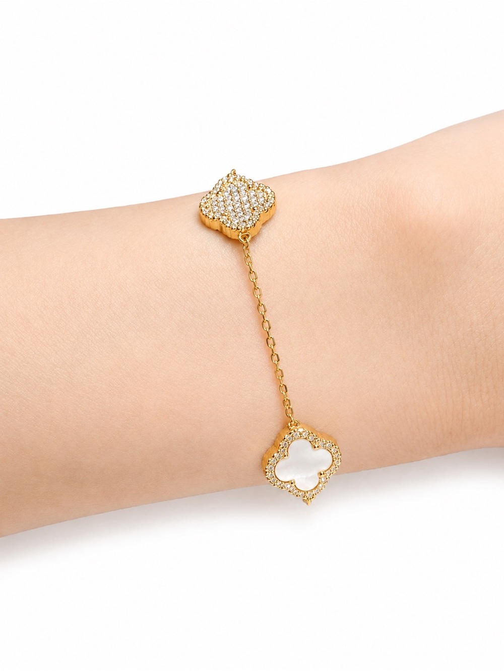 Premium Gold Reversible Crystal & Mother of Pearl Clover Bracelet